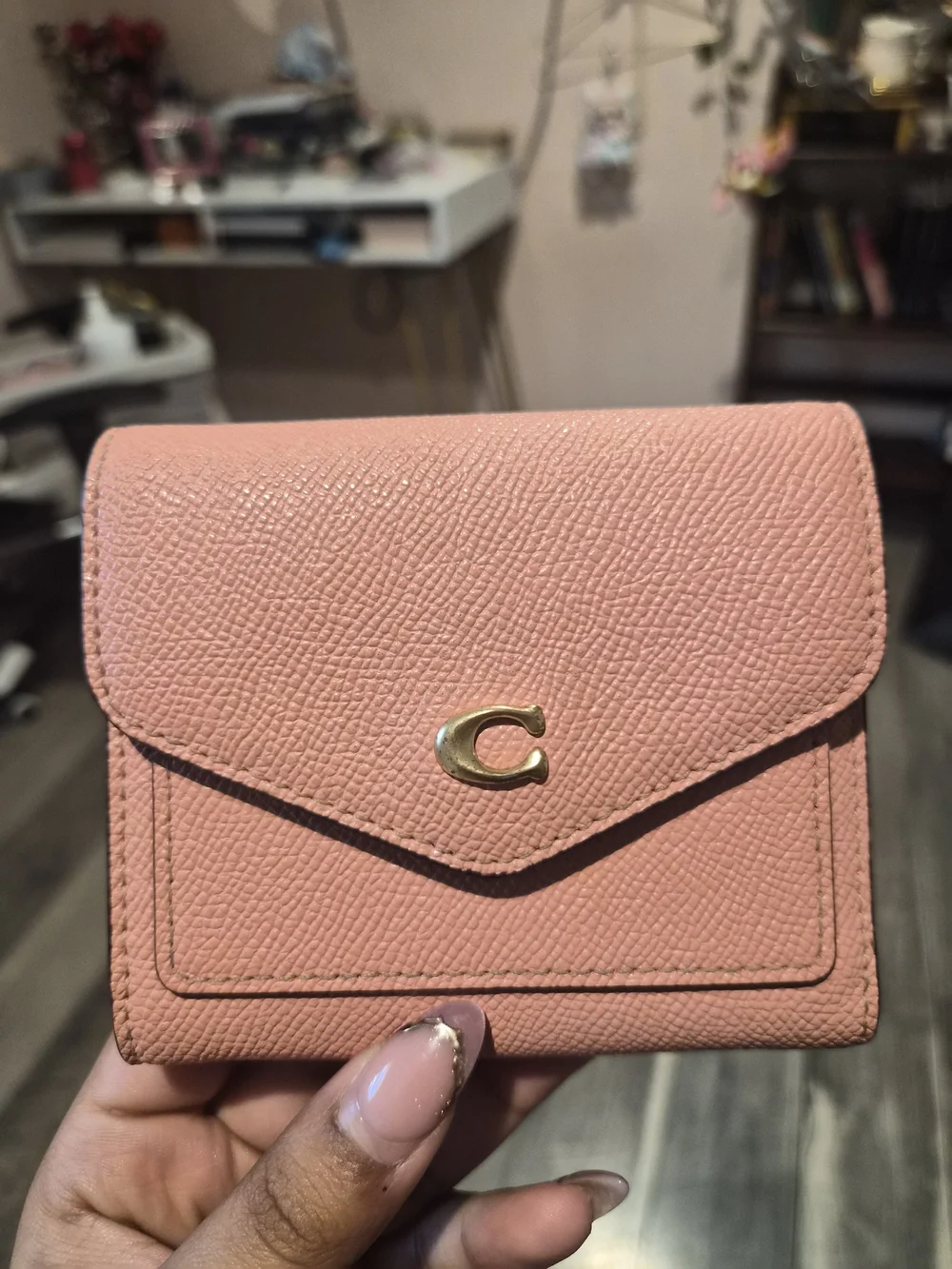 Coach Pink Pebbled Leather Mini Wallet with Gold C Accent
